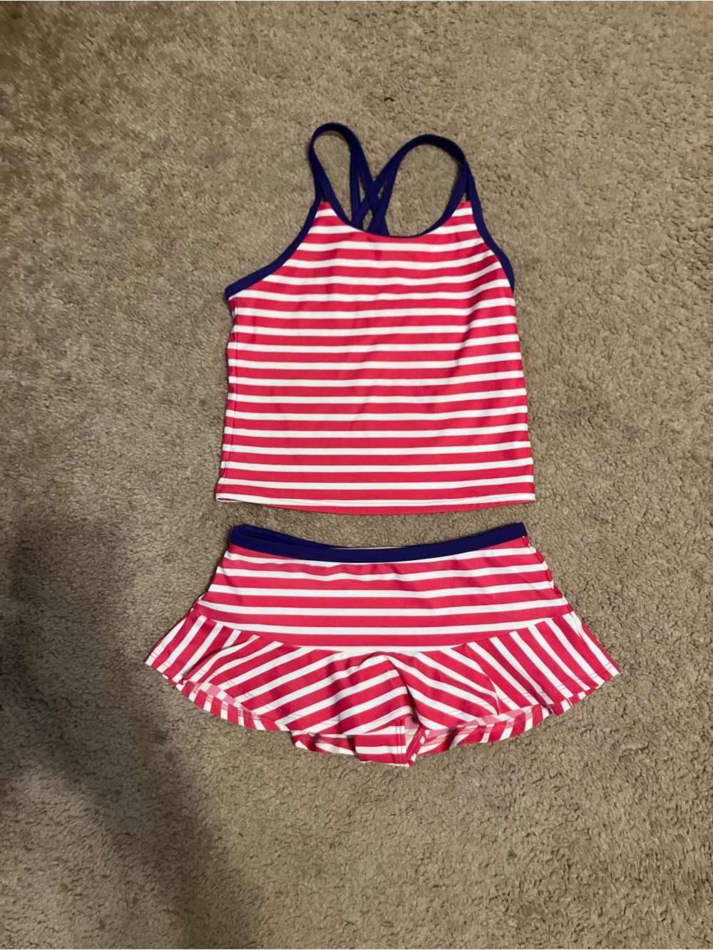 LStriped Pink & White Tankini Set with Navy Trim
